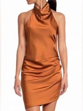 Gianni Gino Peyton Ruched Satin Open Back Halter Neck Mini Dress ~ Copper NWT